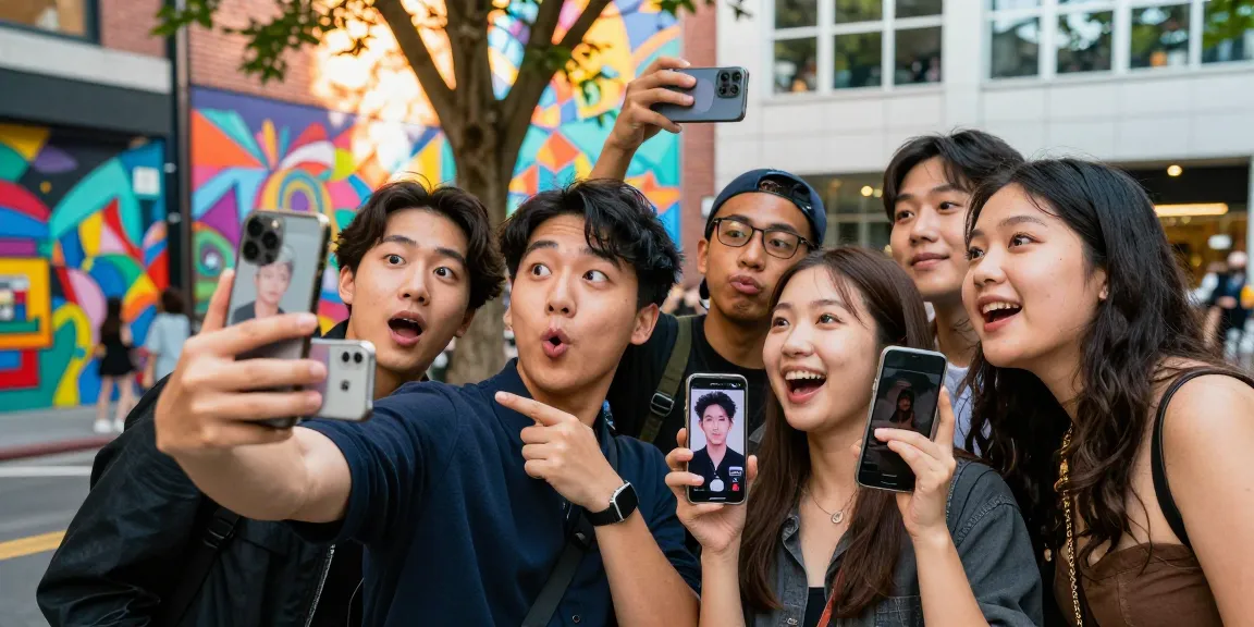 Group of friends discovering celebrities that look alike using a mobile app in an urban setting.