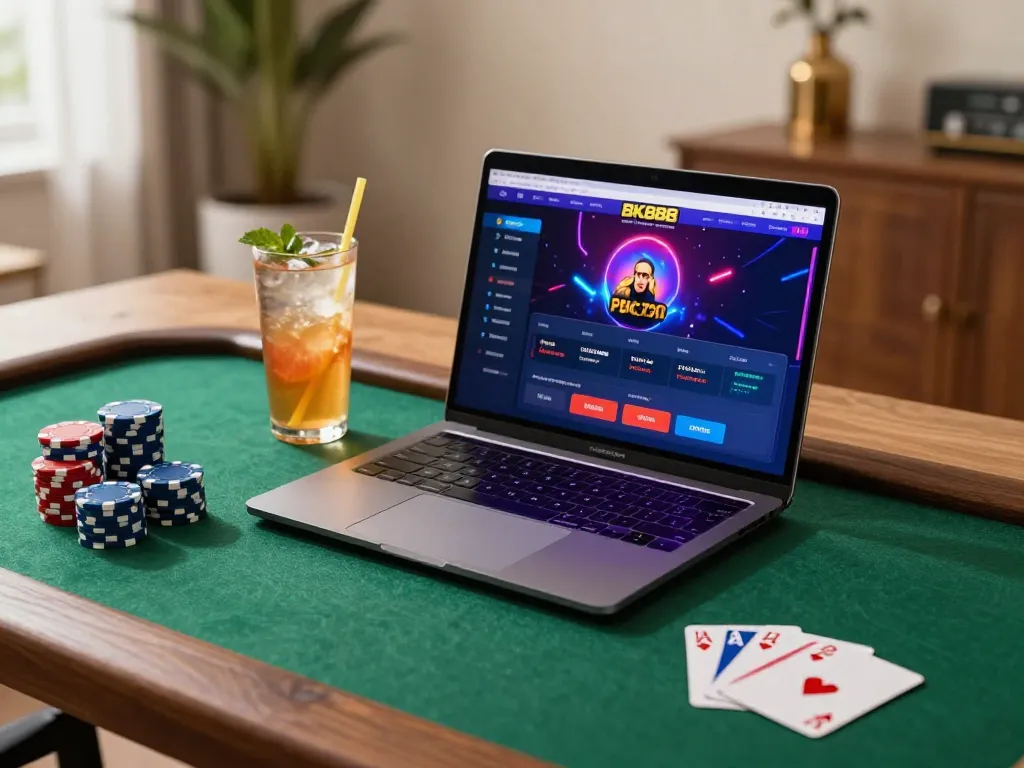 Experience the thrill of online gaming on BK888 with a stylish laptop setup showcasing casino gameplay and vibrant ambiance.