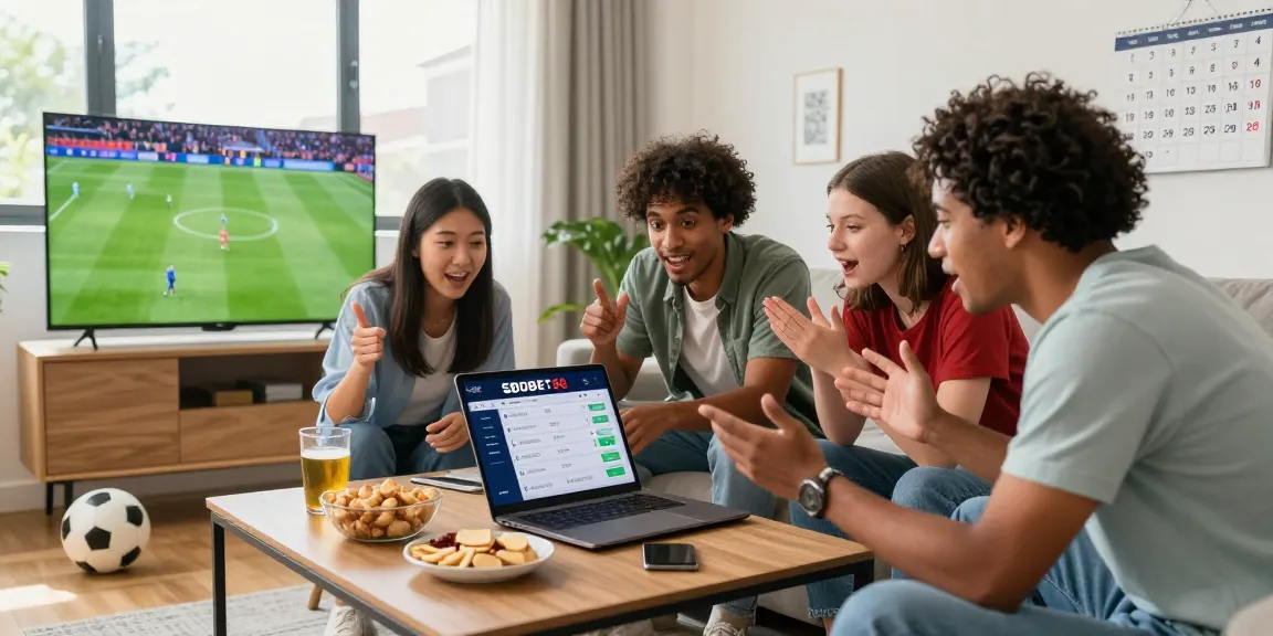 Friends excitedly using sbobet login on a laptop for World Cup 2026 betting.