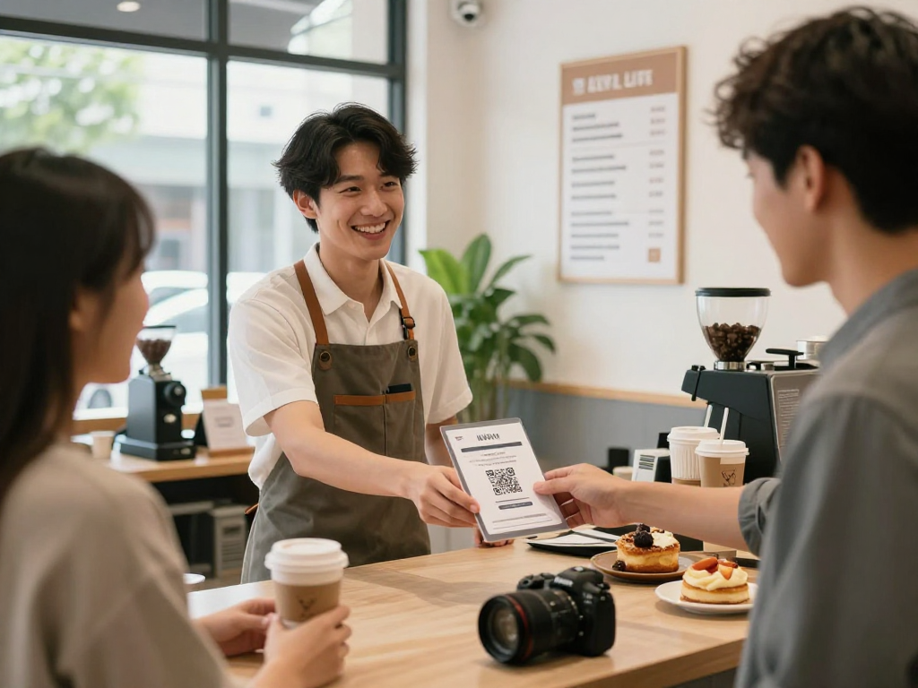 Engaging barista showcasing a loyalty application in a vibrant coffee shop, promoting rewards program.