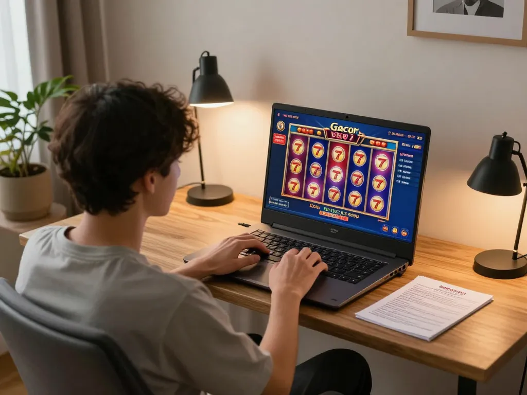 Engaging in slot gacor 777 online gaming at a comfortable home setup with a laptop.