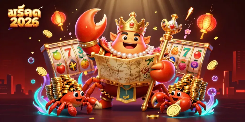 Spin and win big at สล็อต 2026 with vibrant 3D crab emperor and treasure-filled scene.