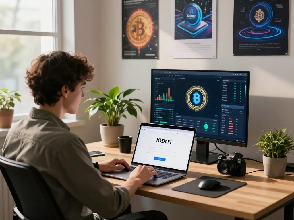 Engaged user at IODeFi sign up desk exploring cloud mining opportunities in a modern workspace.