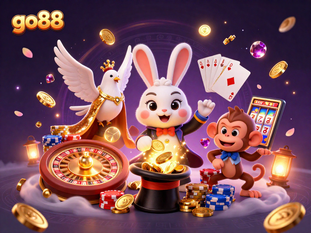 Experience go88 magic with a magician rabbit, dove, and monkey amid casino riches.