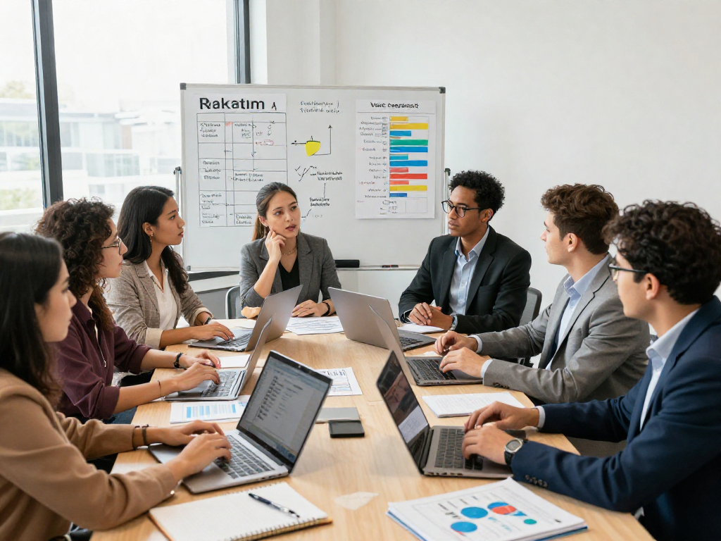 Campaign fundraising consultant team strategizing in a modern office, highlighting data-driven decision-making.