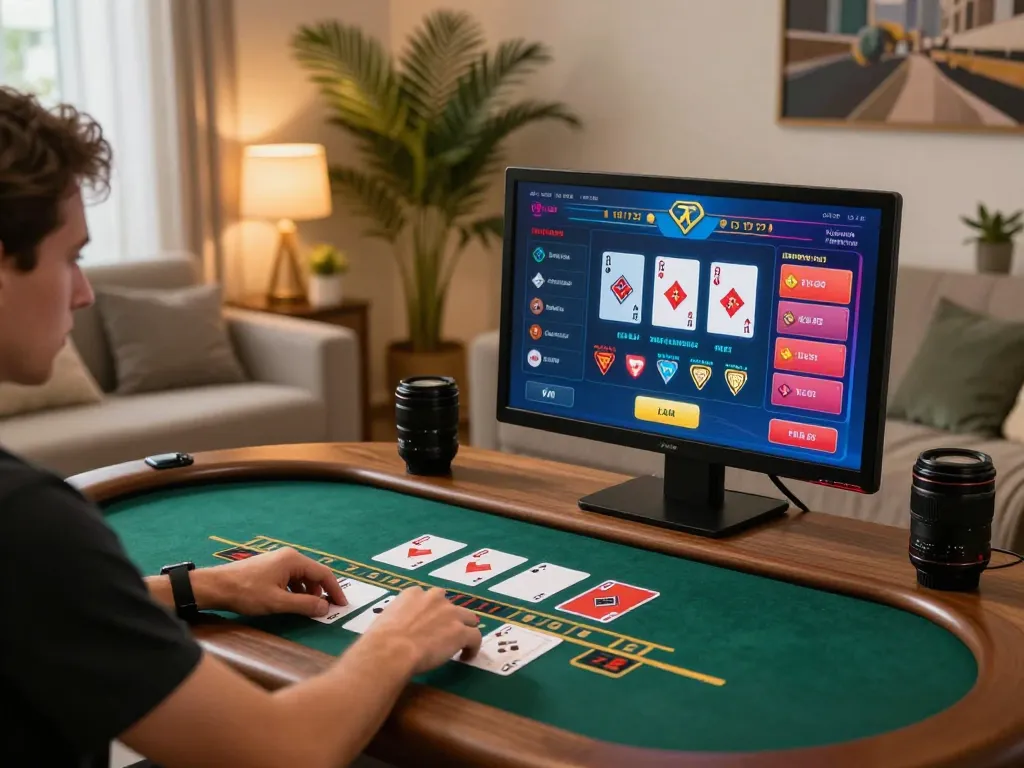 Player enjoying blackjack at home using RR88 SELECT app, showcasing gaming strategy and comfort.
