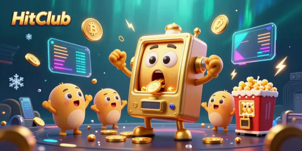 HitClub celebrates winning strategies in a vibrant 3D casino scene featuring a golden slot machine and crypto elements.