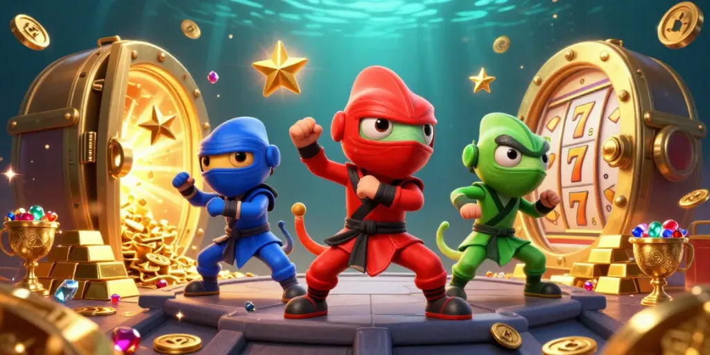 Experience exciting slot online gameplay with a vibrant ninja chameleon team amidst piles of gold and jewels.