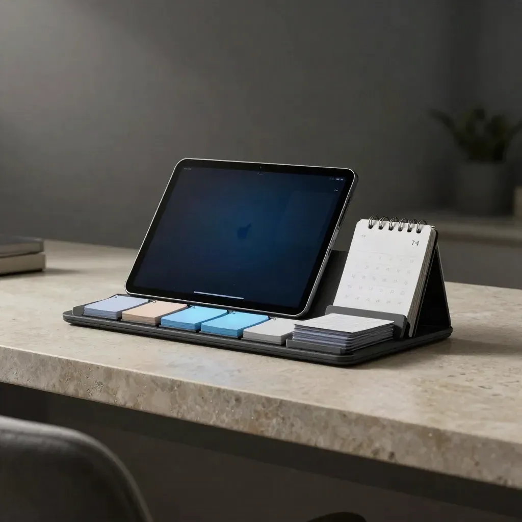 Graphite Tweet Desk starter station with modular cards and subtle blue accents on stone.