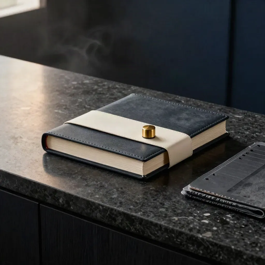 Sealed ledger box, reminder puck, and workflow dividers on a dark stone counter with steam and warm light.