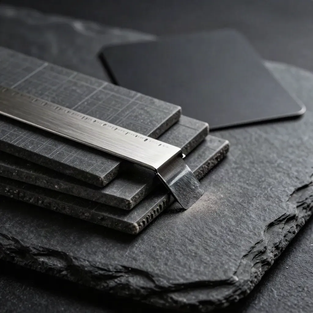 Extreme macro of slate analytics tiles and tally stones on dark slate, mid-shift in soft raking light.