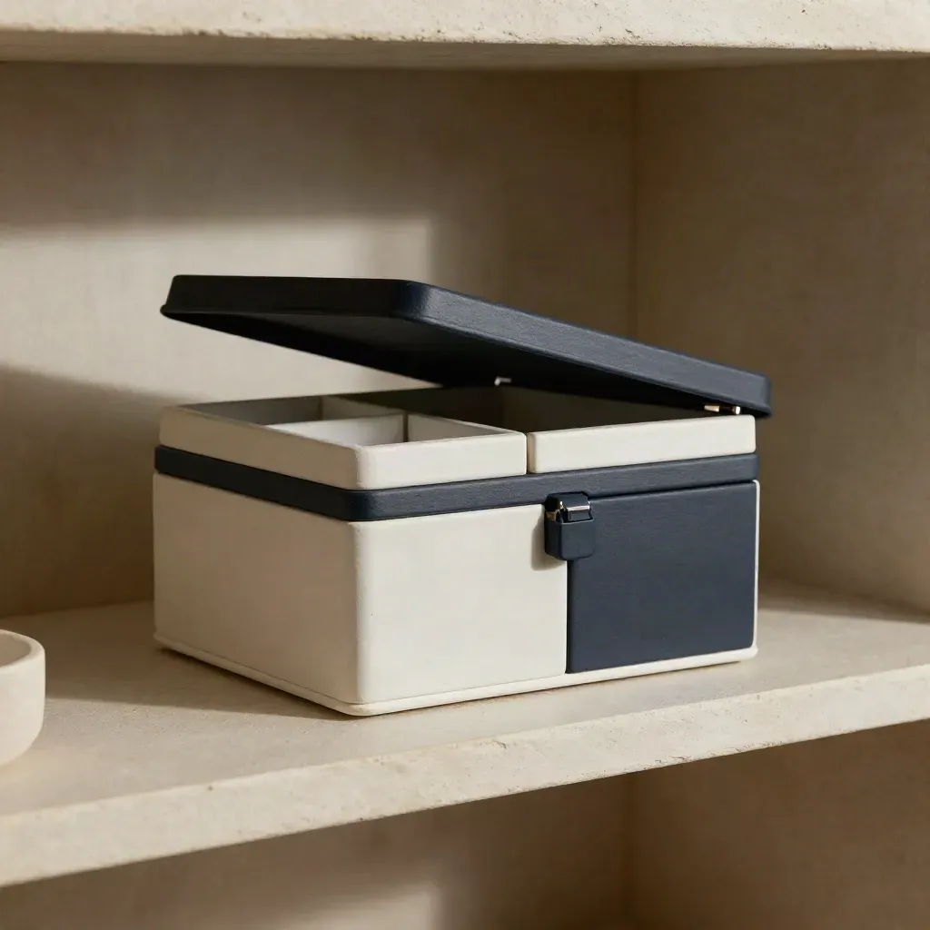 Plaster shelf with a matte storage box, hidden cards, and a partially open lid