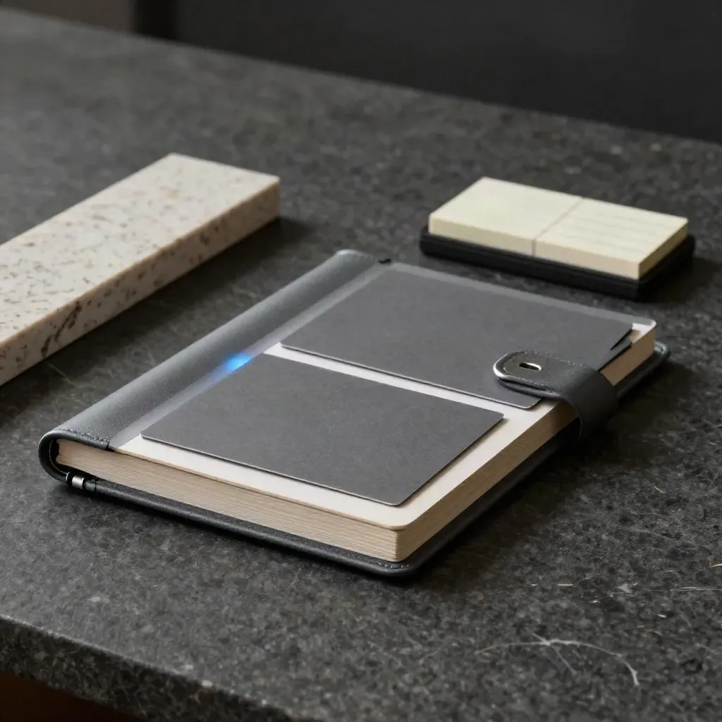 Slate planner with draft cards and reminder block on dark stone, softly lit for a creator starter plan.