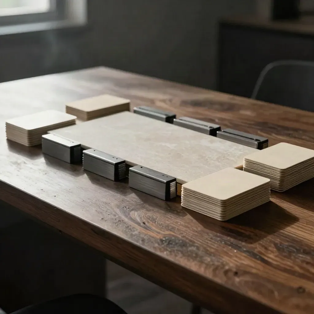Macro collab team kit with layered cards, rails and a stone board on a brushed table.