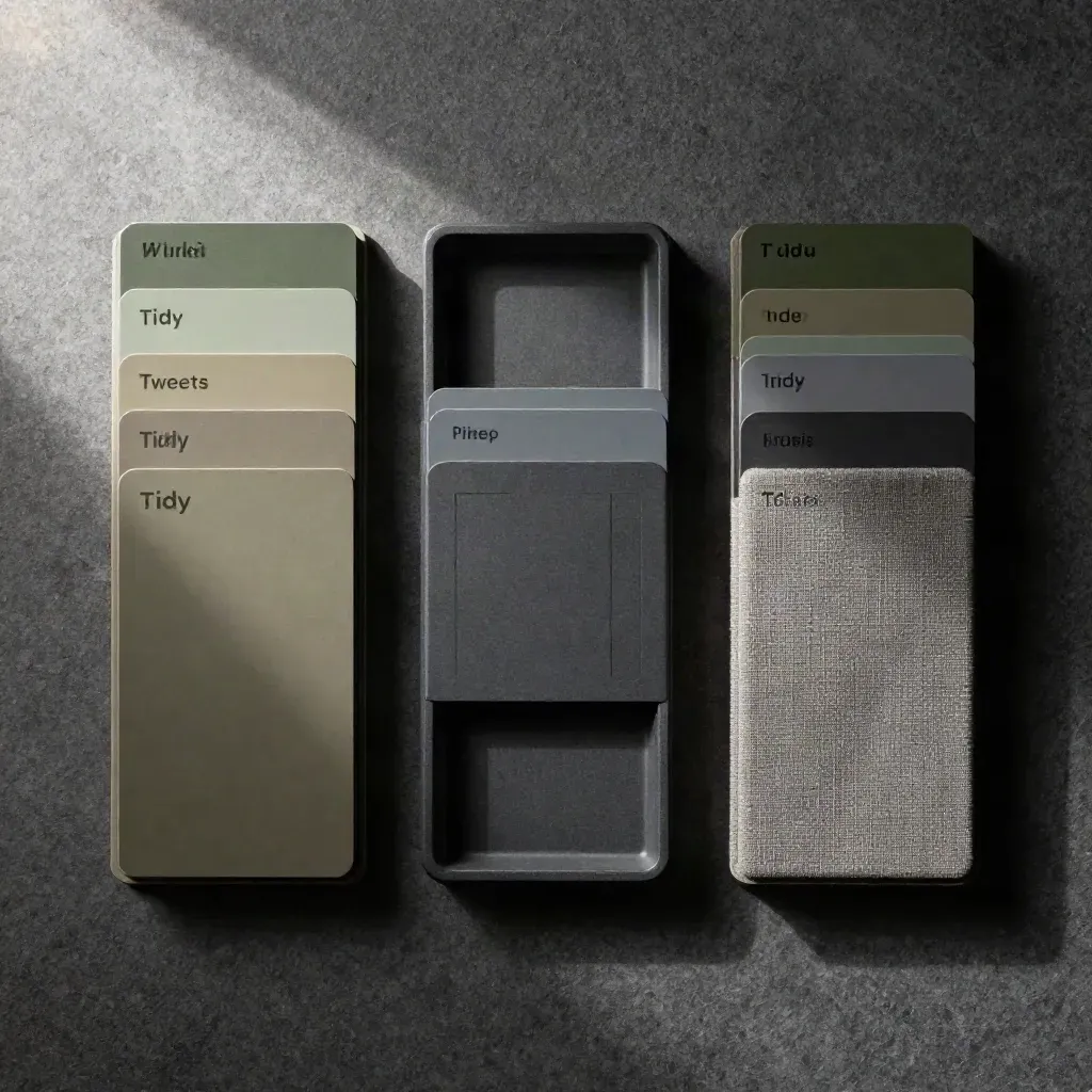 Overhead flatlay of three module stacks and a control tray on dark linen and stone.