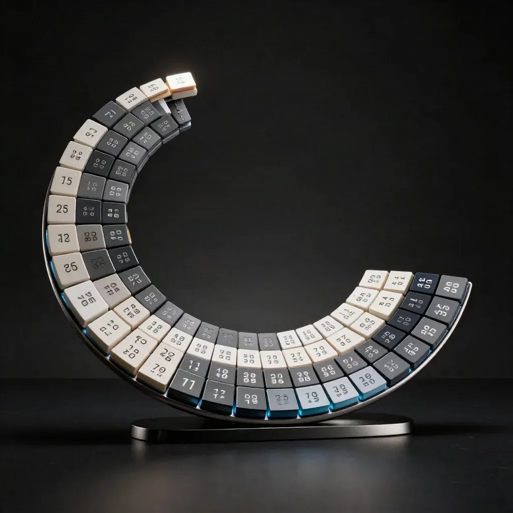 Curved modular content calendar kit on a dark reflective base with cool rim light.