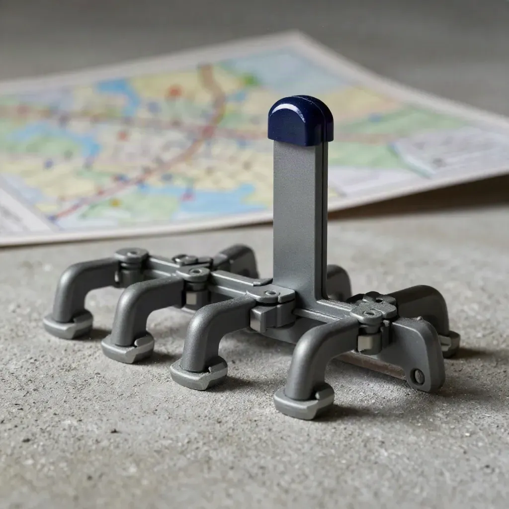 Macro of interlocking card rails and a navy spine on concrete, lit by a raking rim light.