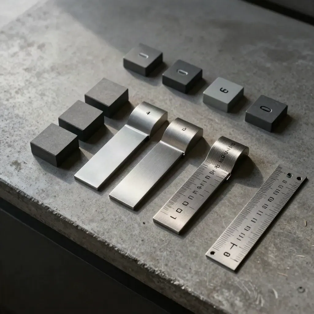 Overhead flatlay of metric tiles and tally blocks on brushed metal, in a cool editorial product style.