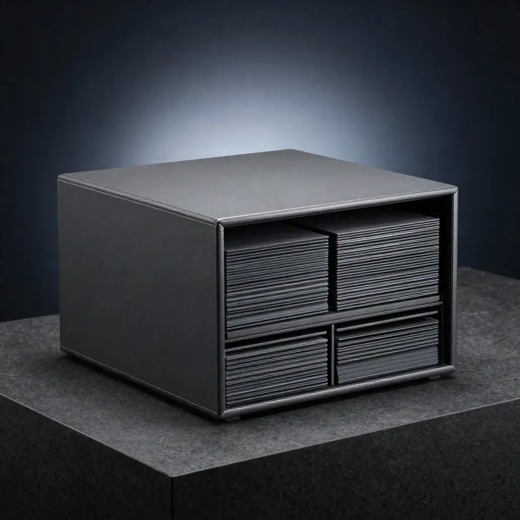 Sealed matte draft safe box on a charcoal pedestal with soft navy glow and blurred studio backdrop.