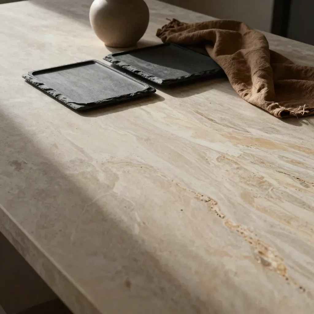 Travertine surface with slate trays and a ceramic vessel in warm morning light.