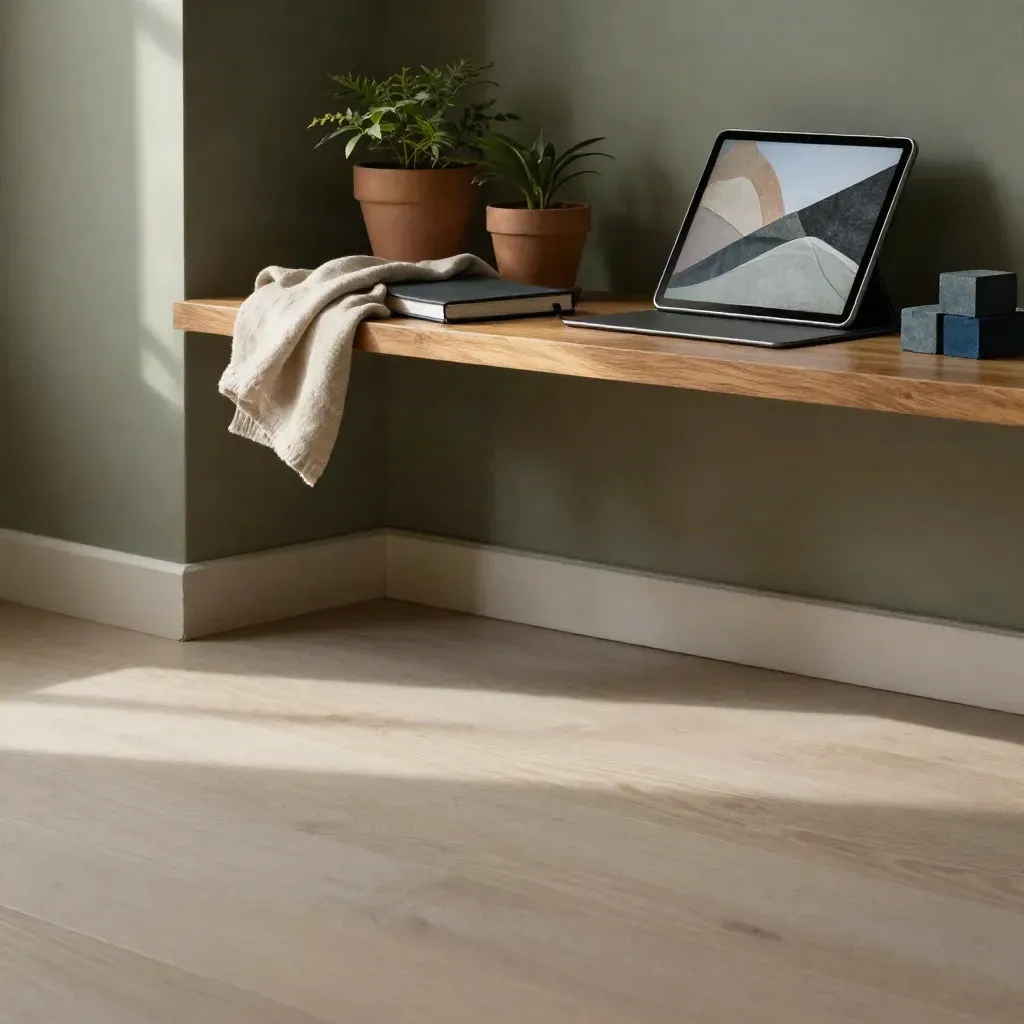 Oak shelf vignette with notebook, linen throw, plants and tablet in soft sunlight.