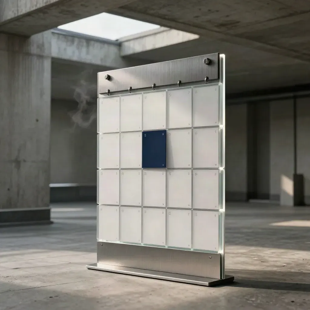 Rooftop concrete corridor with modular calendar panels in soft overcast light