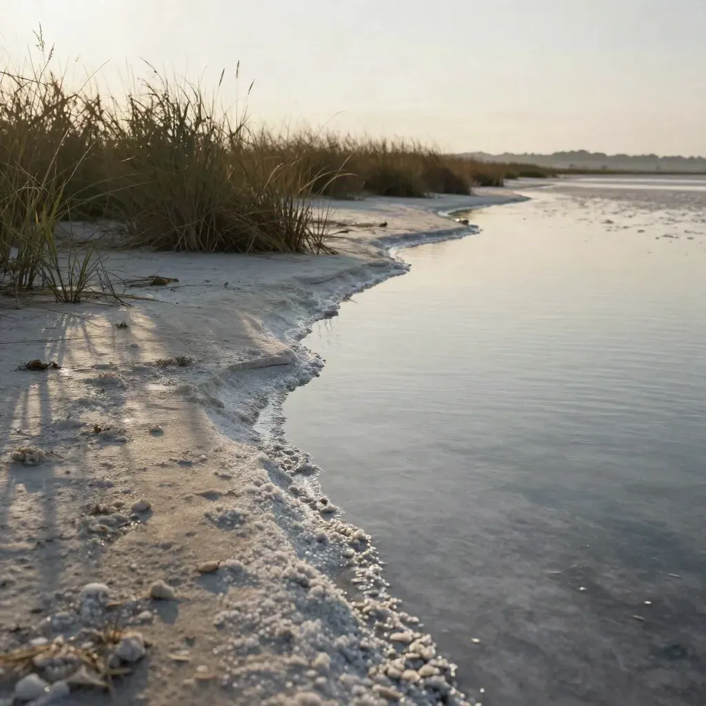Dawn over a salt flat with tide pool, low reeds, and a bright horizon in sea haze.