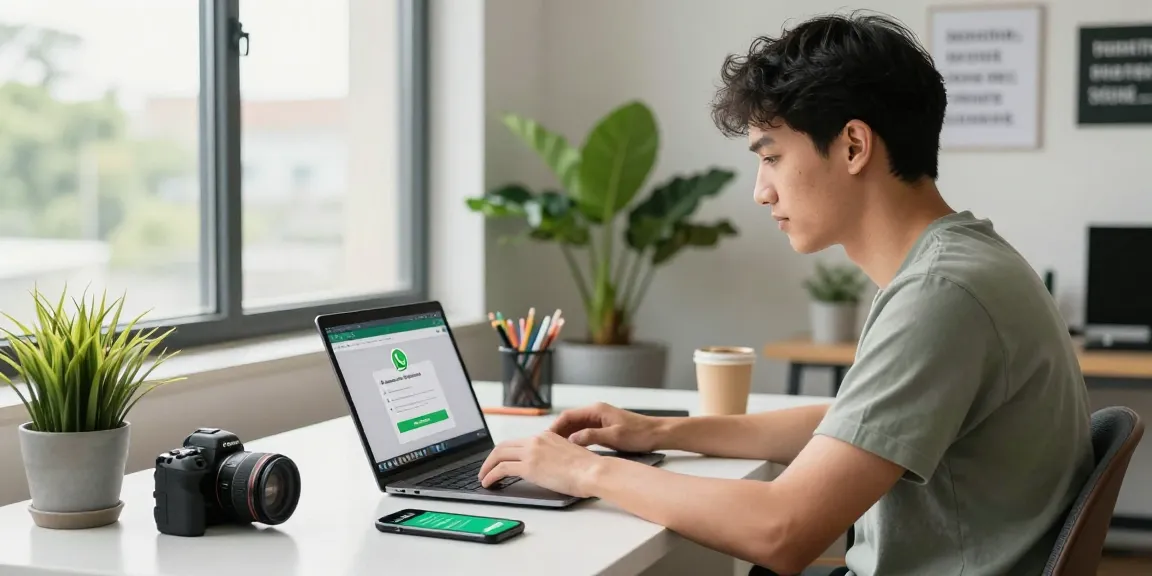 Young professional exploring WhatsApp下載 on their laptop in a bright, modern workspace.