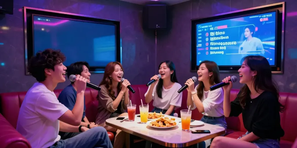 도파민 가라오케에서 친구들이 함께 즐거운 시간을 보내고 있는 모습