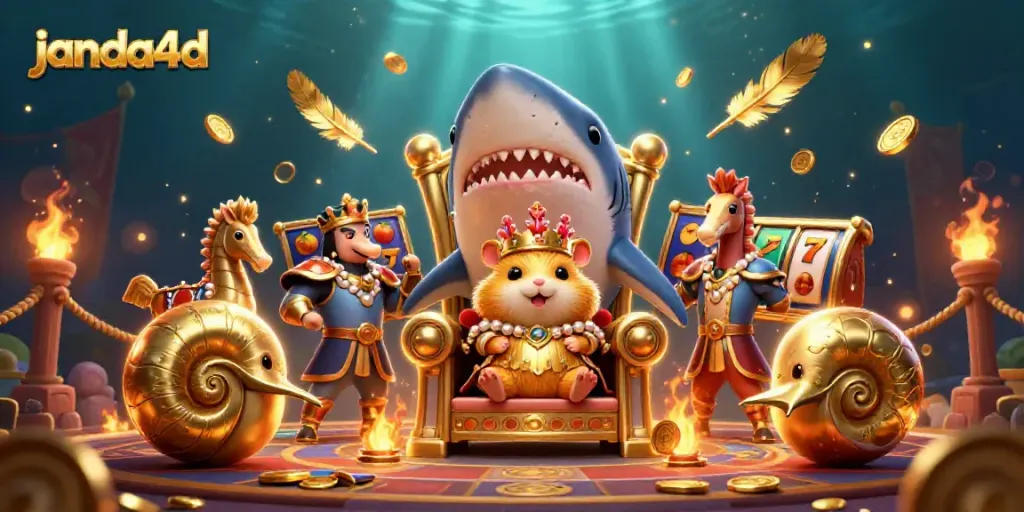 Terlibat di dalam suasana bermain slot gacor di janda4d dengan raja hamster yang berani di atas takhta gigi megalodon.