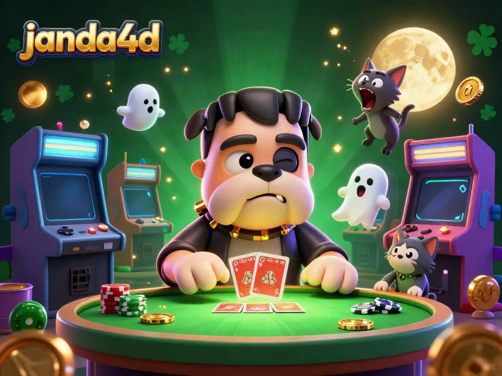 Mengedarkan kartu di meja hijau oleh janda4d, dengan Frankenstein bulldog dan kucing werewolf.