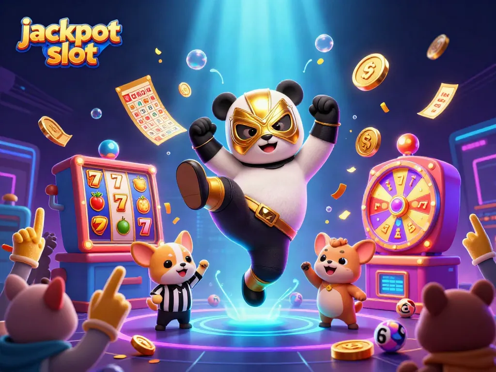 Witness the excitement of jackpot slots with a panda wrestler kicking into action among festive casino elements.