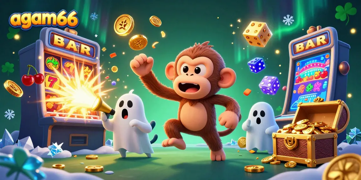 Experience the excitement of agam66 with a playful monkey juggling coins in a dazzling casino.