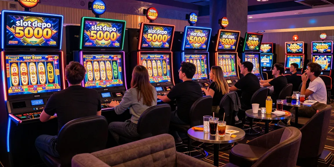 Engaging online slot game scene featuring "slot depo 5000" excitement with colorful reels and enthusiastic players