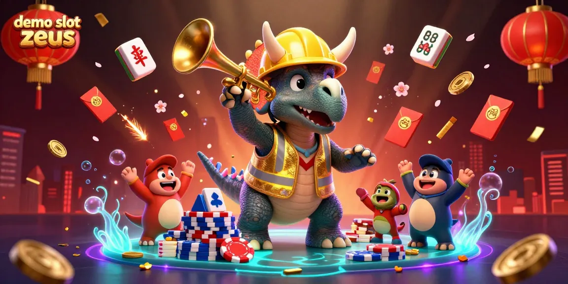 Engage with demo slot zeus in a celebration with a triceratops building poker chips, full of vibrant casino elements.