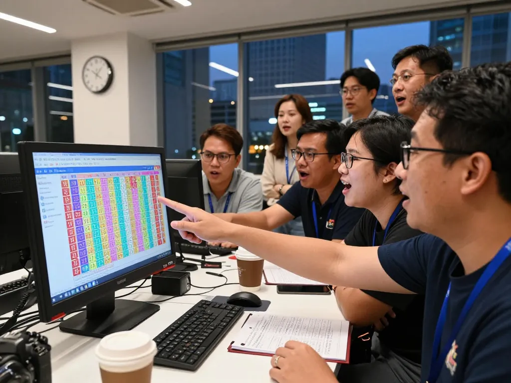 Engaged group discussing HK Hari Ini lottery results at a modern hub.