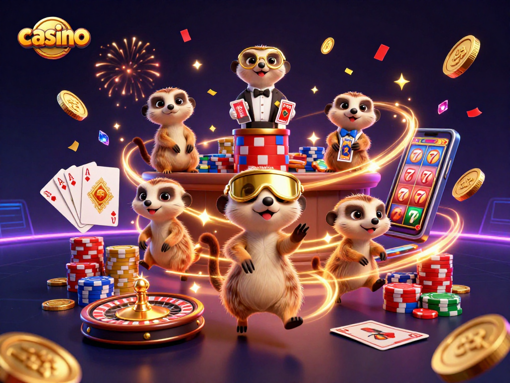 Experience the excitement of a casino with meerkats running games, sparkling coins, and vibrant elements.