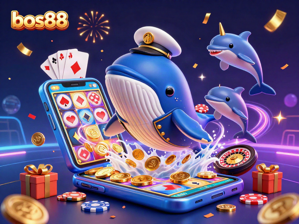 Bermain slot dengan bos88 dibantu ikan paus kartun besar, narwhal, dan lumba-lumba, dikelilingi koin emas.