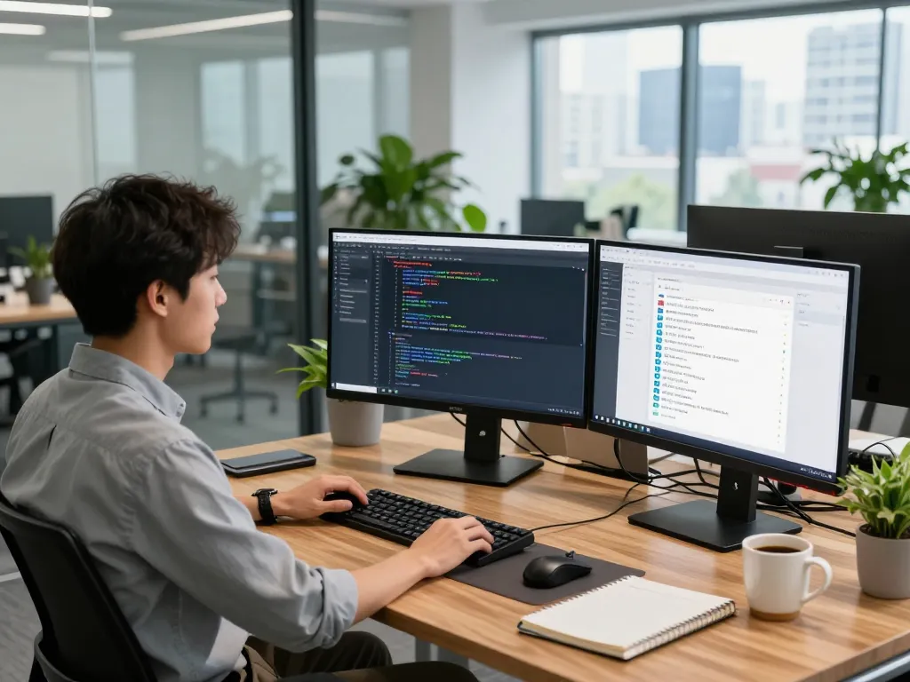 Developer utilizing clawbot in a modern tech workspace with multiple monitors and coding interface.