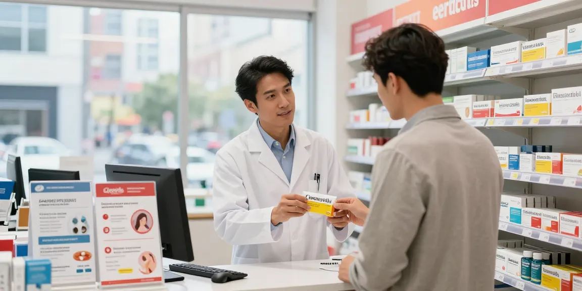 Customer discussing Levitra options with a pharmacist in a bright, inviting drugstore setting.