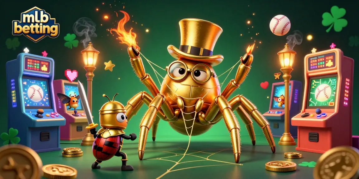 Engage with mlb betting while a giant golden tarantula weaves a web in a vibrant casino scene.