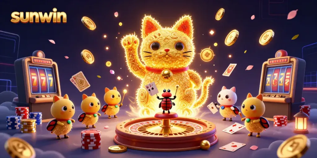 Experience thrilling gaming action with sunwin's vibrant lucky cat and casino symbols in 3D glory.