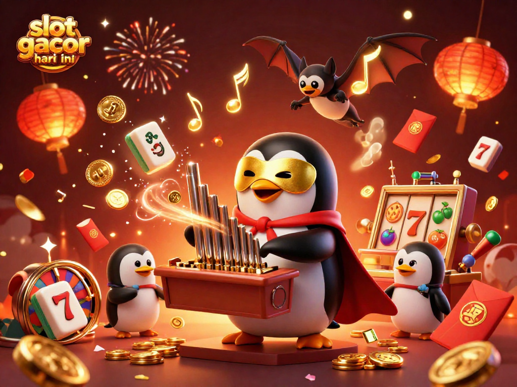 Engage with slot gacor hari ini through a vibrant scene featuring a penguin playing an organ, rich in casino elements.