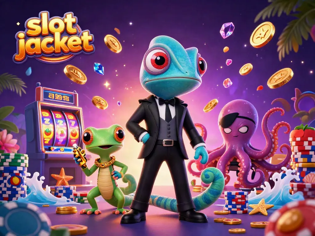 Menang di slot jackpot dengan keberuntungan berkat chameleon, gecko, dan gurita dalam ilustrasi kasino yang meriah.