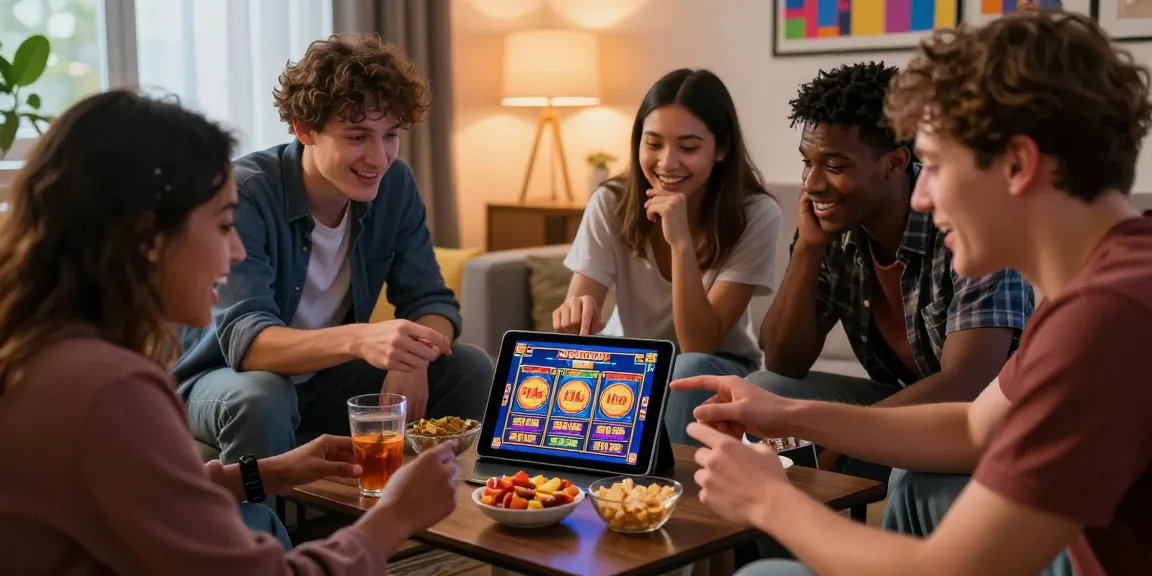 Friends enjoying slot depo 10k gaming experience on tablet with snacks in cozy living room.