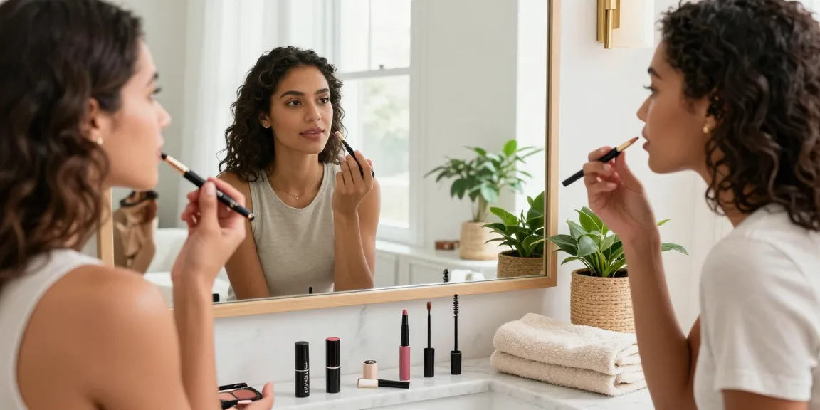 Women using natural makeup products from wholesale makeup suppliers in a bright bathroom.