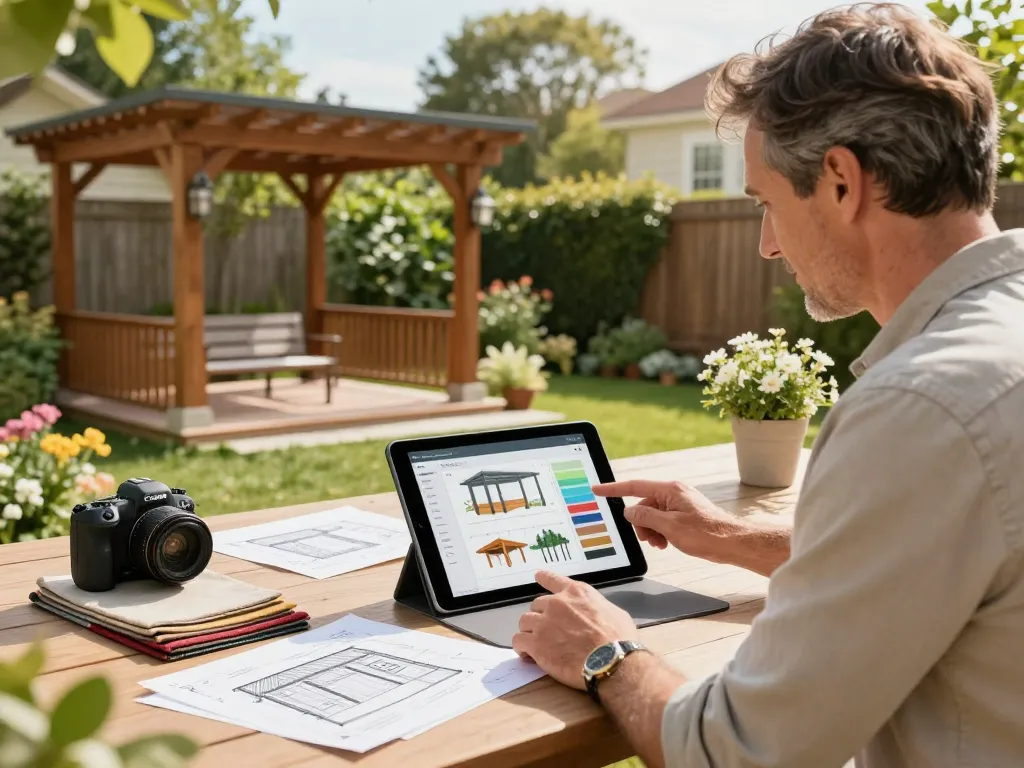 Customer using Pergola Configurator Software on a tablet in a bright backyard, exploring design options surrounded by sketches.