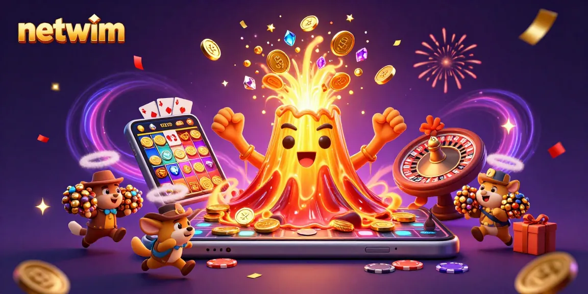 Experience thrilling wins at netwim with gold coins and treasures erupting from a vibrant slot game.