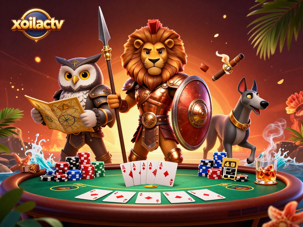Experience thrilling poker action in a vibrant xoilactv-themed casino scene featuring iconic characters.