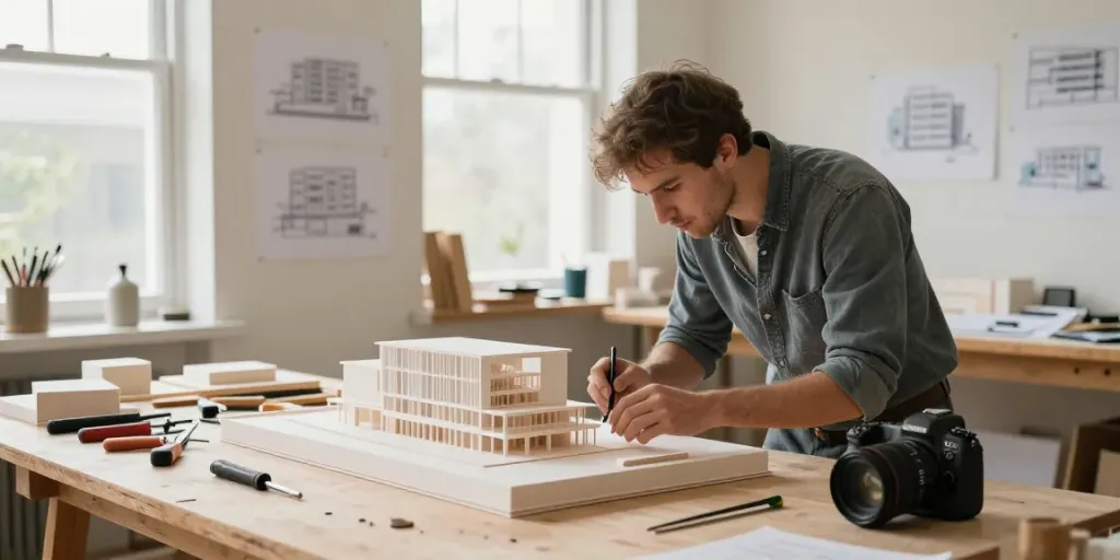 Architektur Modellbau Dortmund: Detaillierte Modellbauarbeiten in einem hellen Werkstattumfeld.